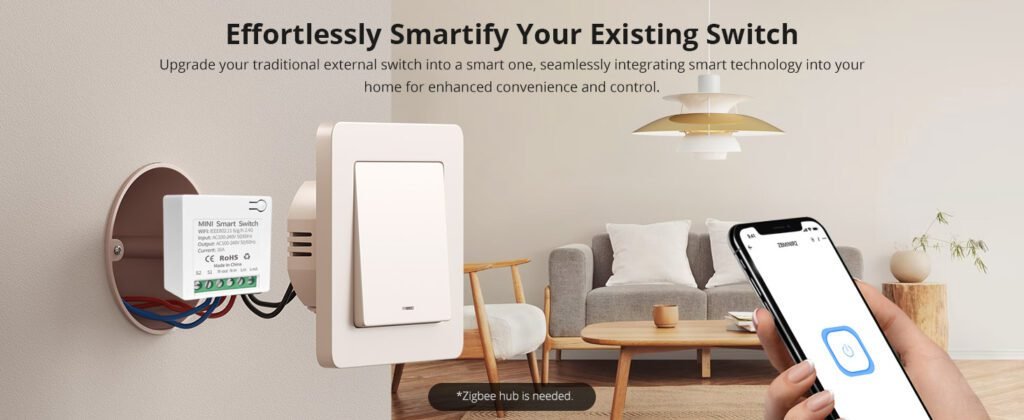 Smart on off Switchpage02 Zigbee Mini Smart Switch The Mini Smart Switch is a compact Tuya Zigbee smart on/off module designed for one-channel lighting or electrical load control. It allows users to control a single circuit through the mobile app, automation scenes, voice control integration, or a traditional wall switch input.