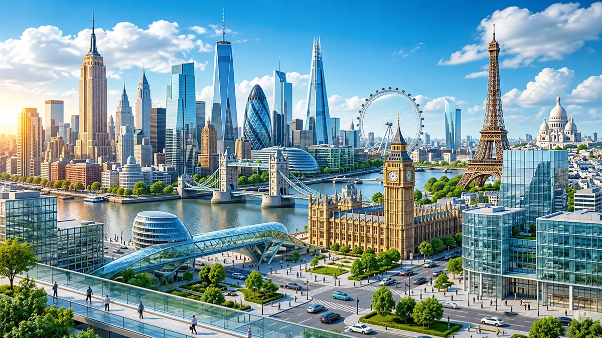 European and American smart home market represented by major city skylines and modern urban development