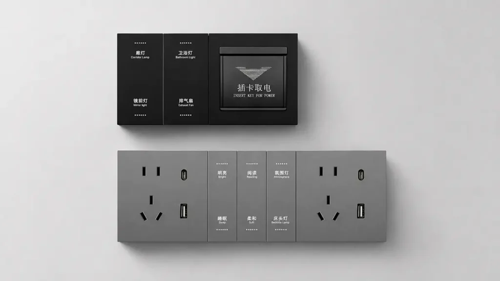 Hotel room control smart switch panel with bedside scene controls and power sockets for Tuya OEM projects