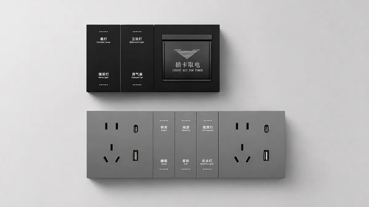 Hotel room control smart switch panel with bedside scene controls and power sockets for Tuya OEM projects