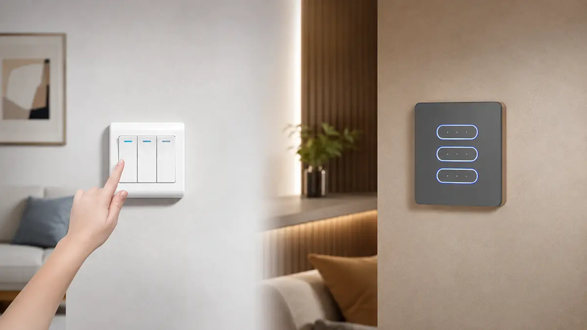 Traditional wall switch compared with a modern smart switch for residential room control
