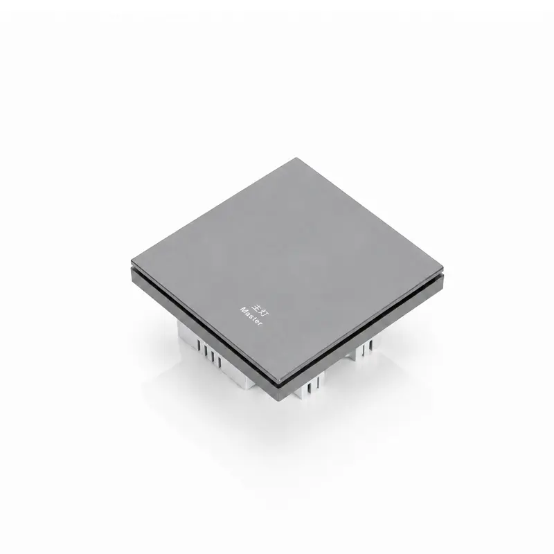 Front 45-degree view of 1-button plastic Zigbee smart wall switch panel with printed text labels