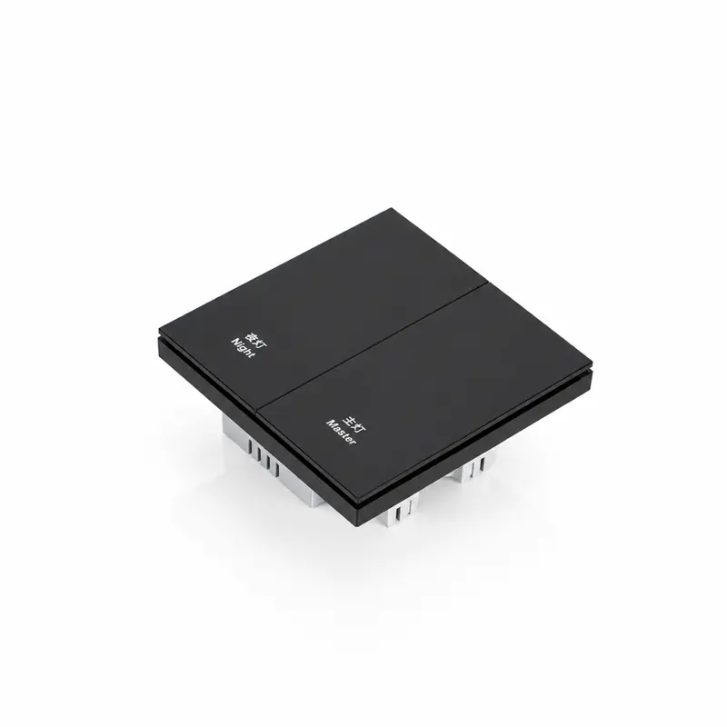 Front 45-degree view of 2-button plastic Zigbee smart wall switch panel with printed text labels