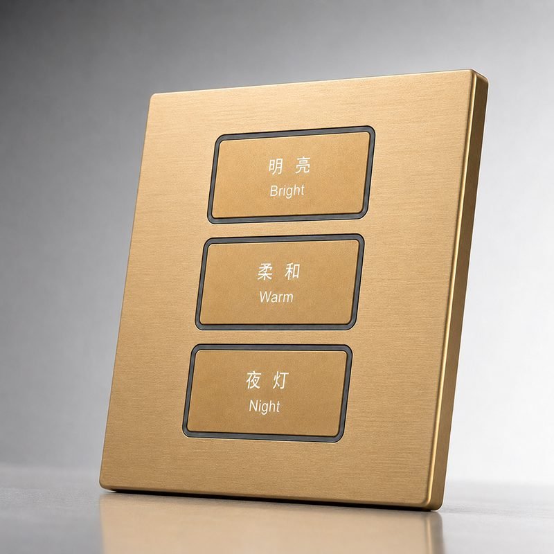 3 button KNX smart switch side view rendering showcasing metal frame and button layout