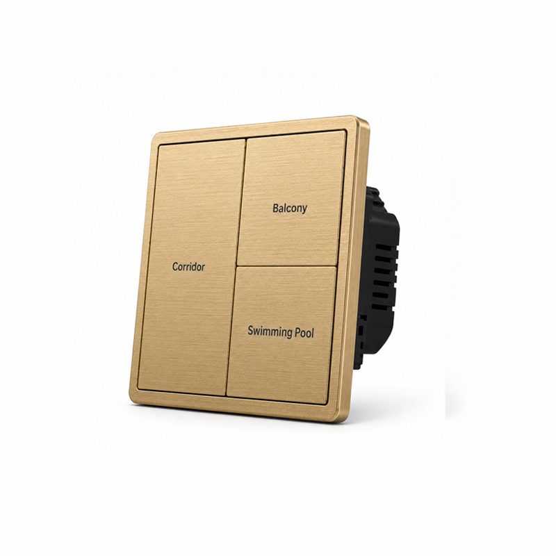 3 button KNX smart switch right angle view showing slim metal frame and button layout