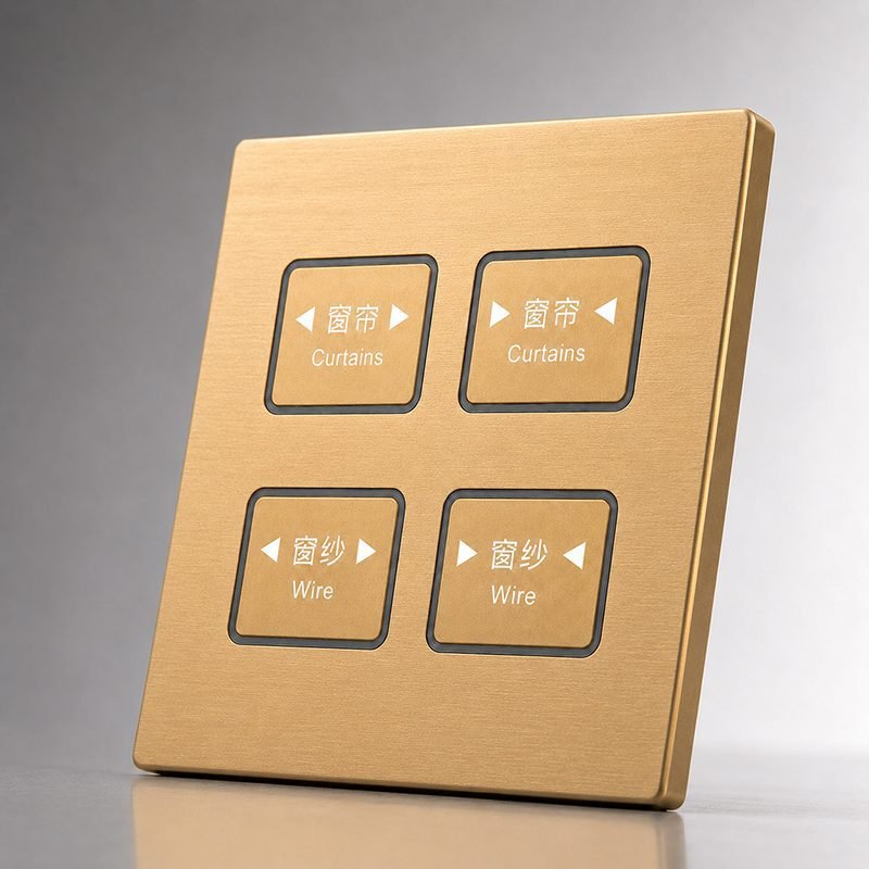 4 button KNX smart switch side view rendering showcasing metal frame and button layout