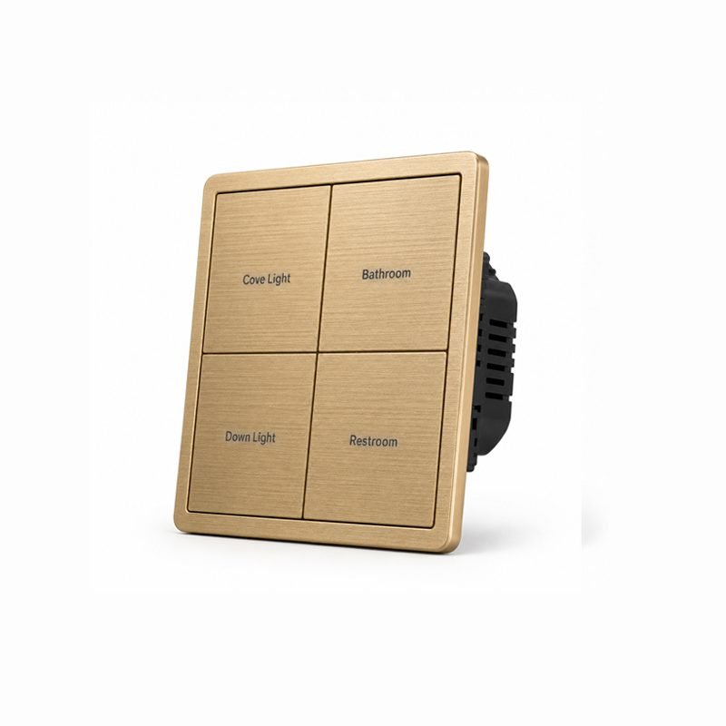 4 button KNX smart switch right angle view showing slim metal frame and button layout
