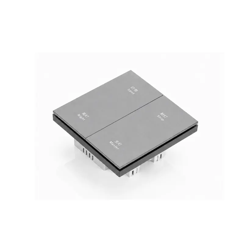 Front 45-degree view of 4-button plastic Zigbee smart wall switch panel with printed text labels