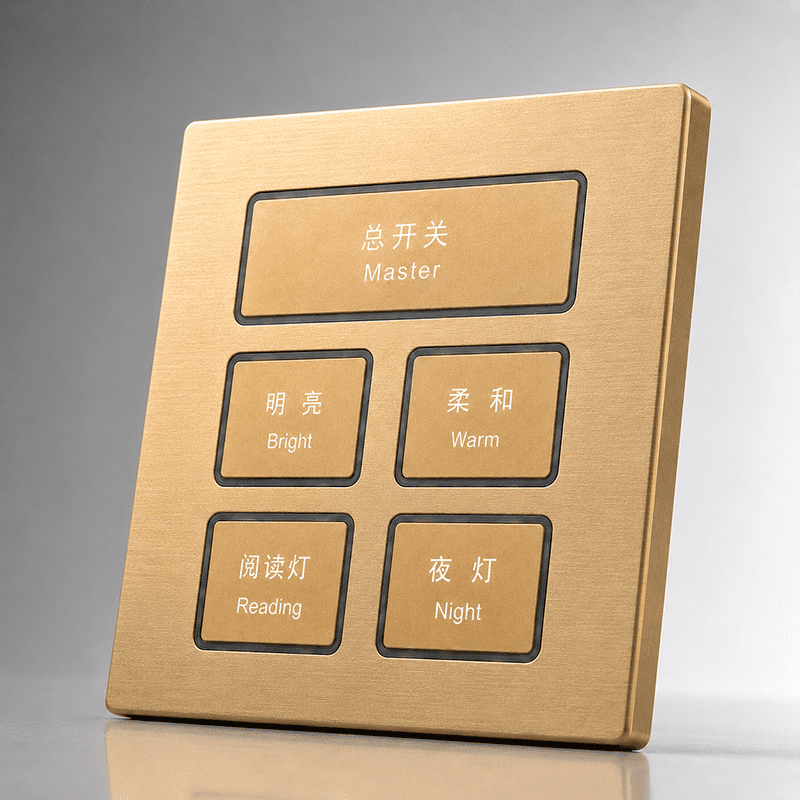 5 button KNX smart switch side view rendering showcasing metal frame and button layout