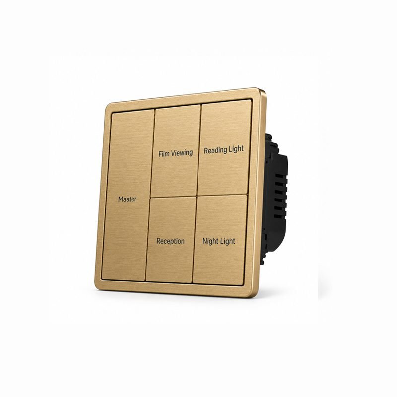 5 button KNX smart switch right angle view showing slim metal frame and button layout