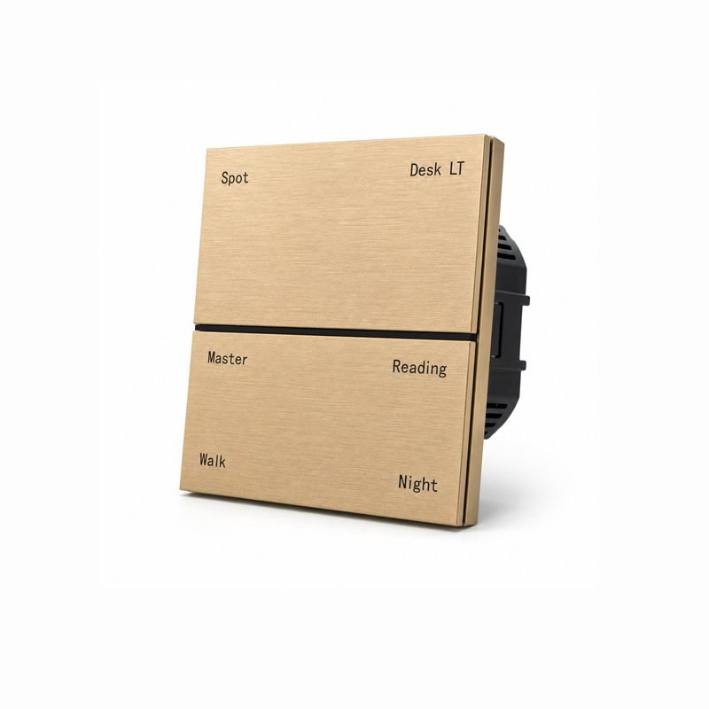 4 button KNX smart switch right angle view, featuring frameless slim metal frame and button layout, ideal for luxury villas.