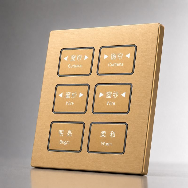 6 button KNX smart switch side view rendering showcasing metal frame and button layout
