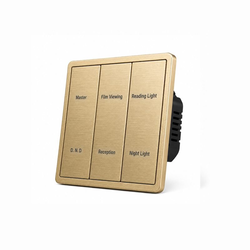 6 button KNX smart switch right angle view showing slim metal frame and button layout
