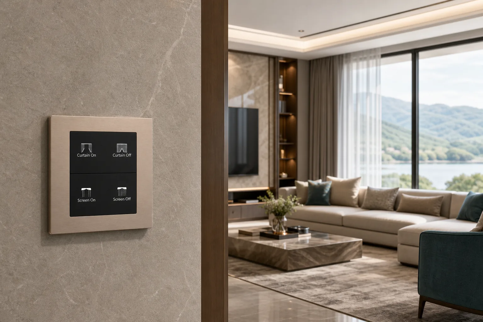 Smart Home Solutions for Villas and Apartments 1 DERVIRGA KNX smart switch panel installed in a modern luxury villa living room