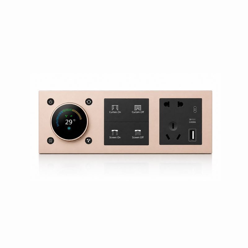 knx-smart-switch-combination-panel-brushed-champagne-gold-4-button-metal-air-curtain-knob-usb-socket-K602-F 4-button KNX smart switch front view rendering with AC knob control panel and EU standard USB socket featuring Type-C port, showcasing metal frame and button layout