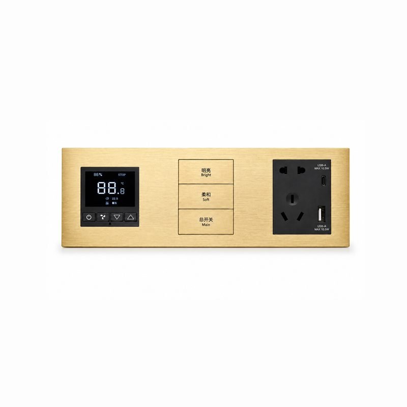knx-smart-switch-combination-panel-brushed-gold-3-button-metal-air-button-usb-socket-K601-F 3 button KNX smart switch with AC control knob and USB socket front view rendering, color-matched buttons and brushed aluminum panel, suitable for high-end villa and luxury hotel projects.