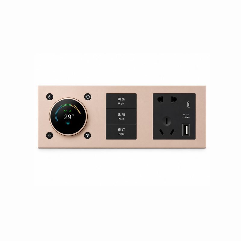 knx-smart-switch-combination-panel-brushed-gold-3-button-metal-air-knob-usb-socket-K601-F 3 button KNX smart switch with AC control knob and USB socket front view rendering, featuring black buttons and brushed aluminum panel, suitable for high-end villa and luxury hotel projects.