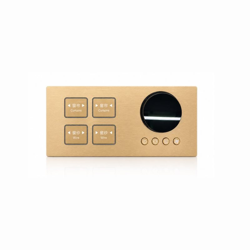 knx-smart-switch-combination-panel-brushed-gold-4-button-metal-air-curtain-button-K601-F 4-button KNX smart switch front view rendering with AC knob control panel, showcasing metal frame and button layout, ideal for villa and hotel projects