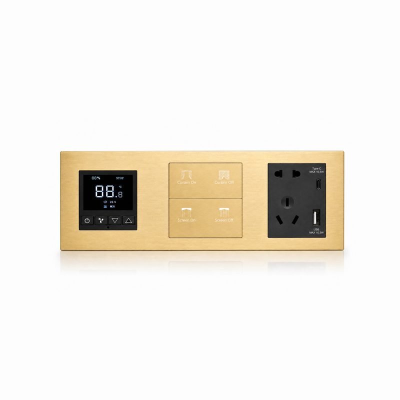 knx-smart-switch-combination-panel-brushed-gold-4-button-metal-air-curtain-button-usb-socket-K602-F 4-button KNX smart switch front view rendering with AC control panel and EU standard USB socket featuring Type-C port, showcasing metal frame and button layout