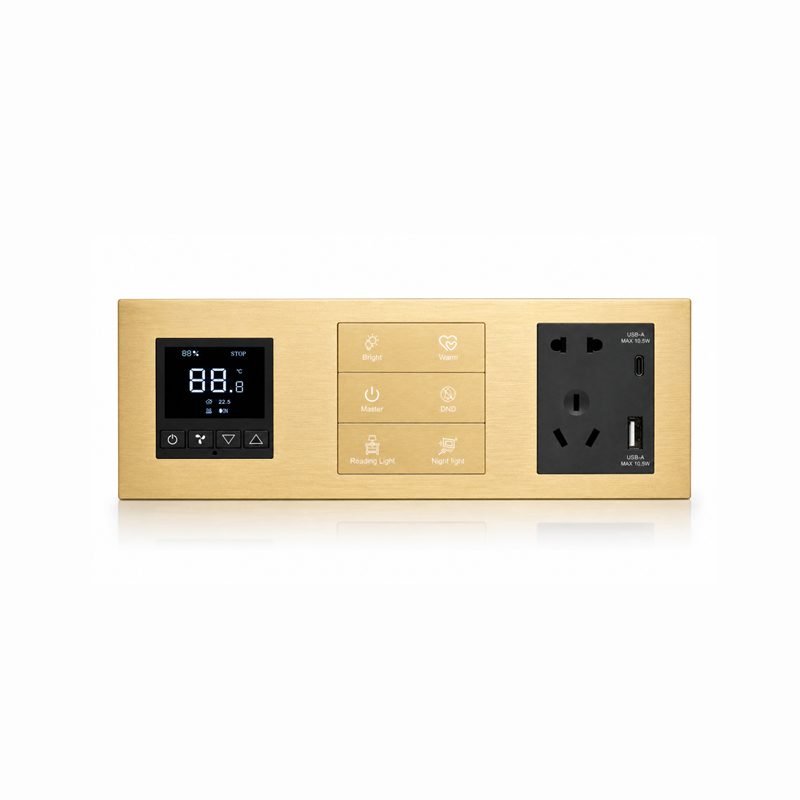 knx-smart-switch-combination-panel-brushed-gold-6-button-metal-air-button-usb-socket-K602-F 6 button KNX smart switch with AC control knob and USB socket front view rendering, color-matched buttons and brushed aluminum panel, suitable for high-end villa and luxury hotel projects.