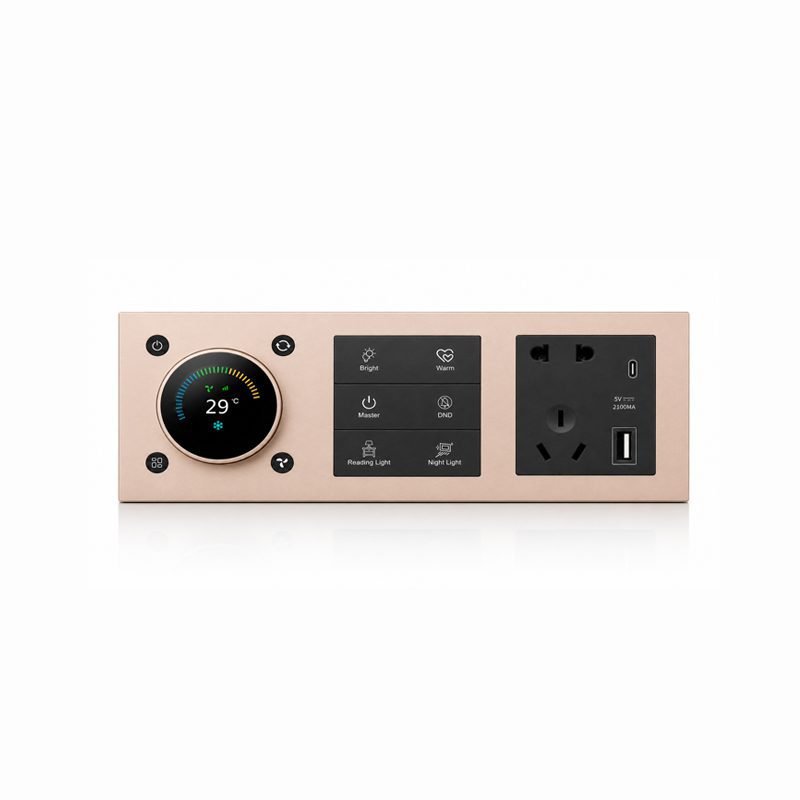 knx-smart-switch-combination-panel-brushed-gold-6-button-metal-air-knob-usb-socket-K602-F 6 button KNX smart switch with AC control knob and USB socket front view rendering, color-matched buttons and brushed aluminum panel, suitable for high-end villa and luxury hotel projects.