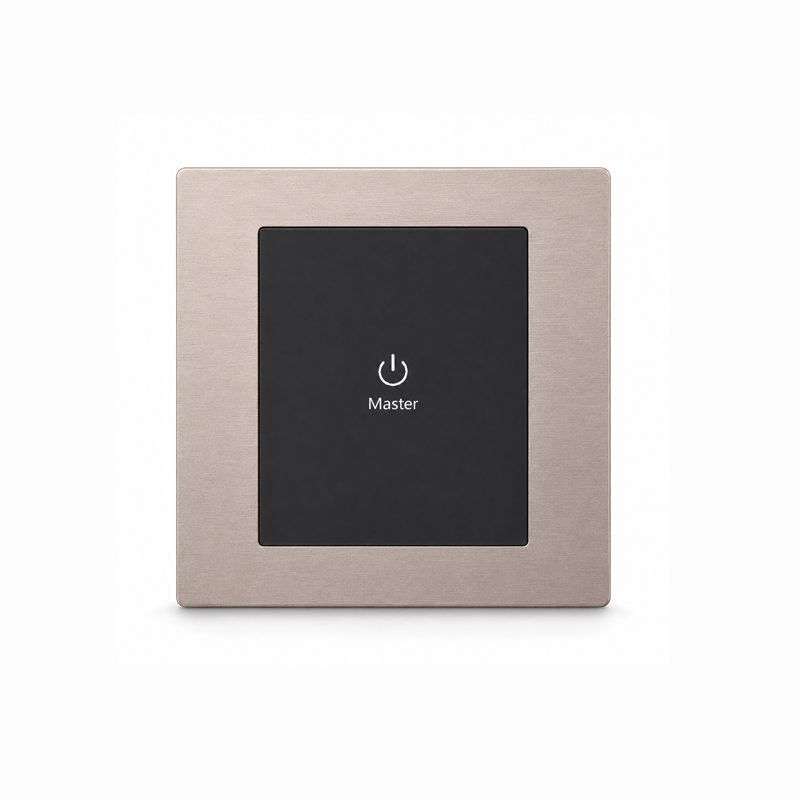 1-button KNX smart switch front view rendering with brushed champagne gold metal frame and black button layout, ideal for villa and hotel projects
