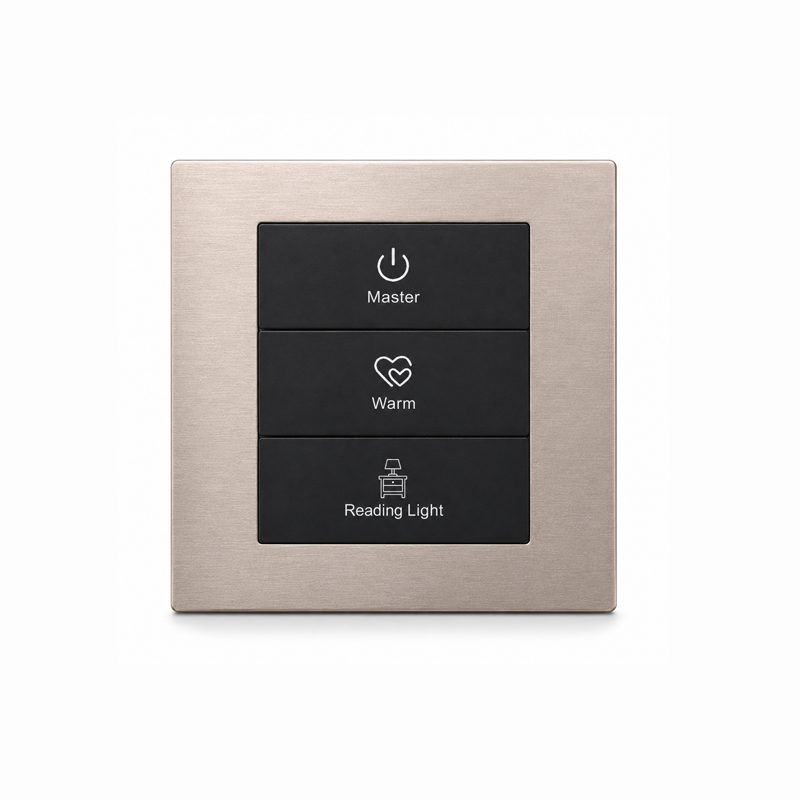 3-button KNX smart switch front view rendering with brushed champagne gold metal frame and black button layout, ideal for villa and hotel projects