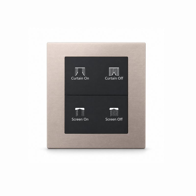 4-button KNX smart switch front view rendering with brushed champagne gold metal frame and black button layout, ideal for villa and hotel projects