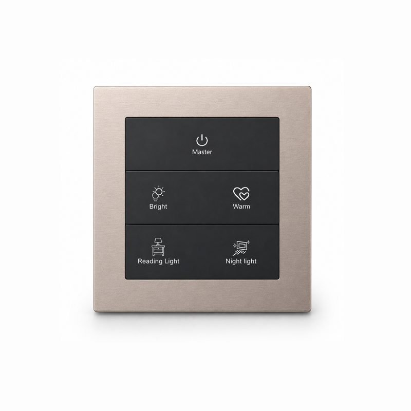 5-button KNX smart switch front view rendering with brushed champagne gold metal frame and black button layout, ideal for villa and hotel projects