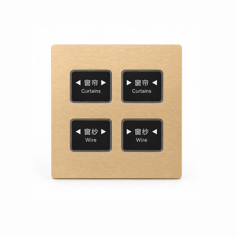 knx-smart-switch-panel-brushed-gold-4-button-metal-K601-B 4 button KNX smart switch front view rendering with black buttons and brushed aluminum panel, ideal for building automation and high-end hotel projects.