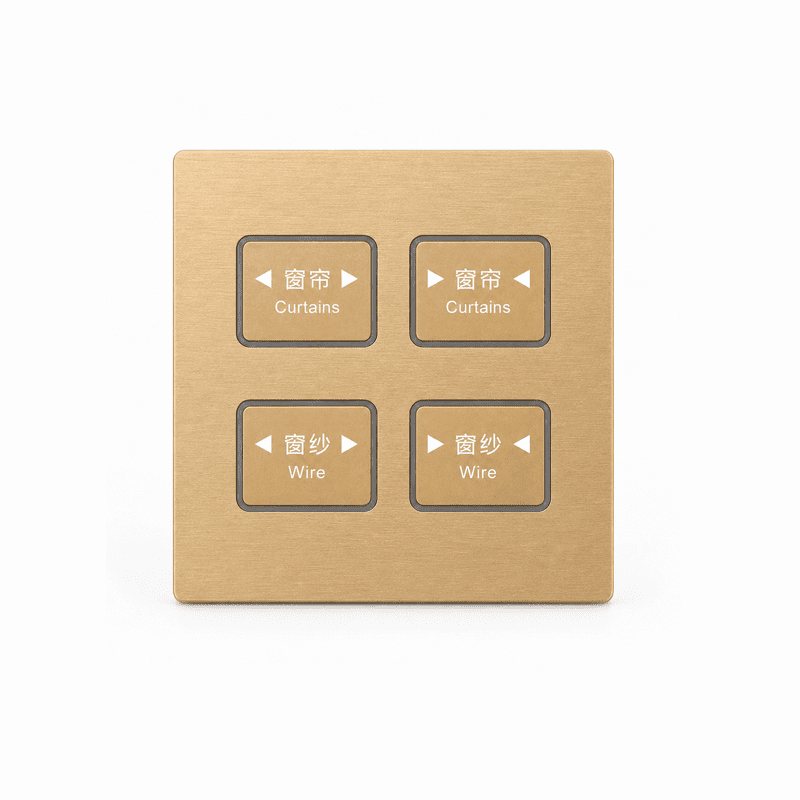 knx-smart-switch-panel-brushed-gold-4-button-metal-K601-G 4 button KNX smart switch front view with brushed aluminum metal panel for building automation