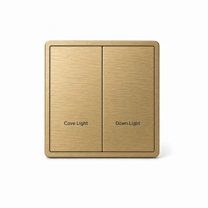 knx-smart-switch-panel-brushed-gold-brushed-2-button-metal-801-F 2 button KNX smart switch front view with brushed aluminum metal panel for building automation