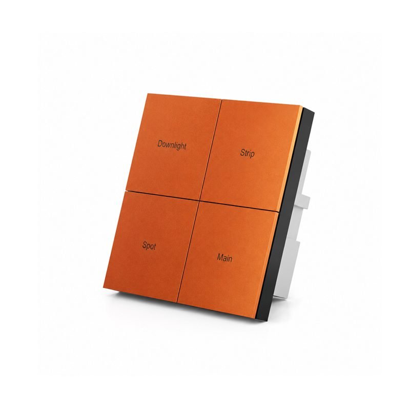 Right 45 degree view of a Zigbee metal smart switch panel with 4 orange buttons showing slim side profile