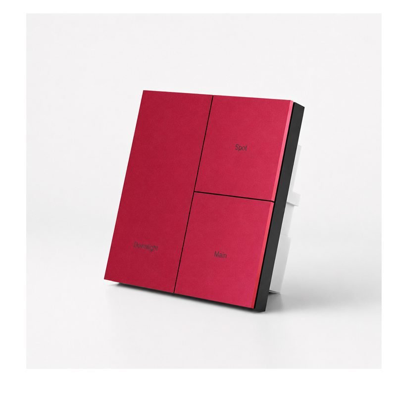 Right 45 degree view of a Zigbee metal smart switch panel with 3 red buttons showing slim side profile