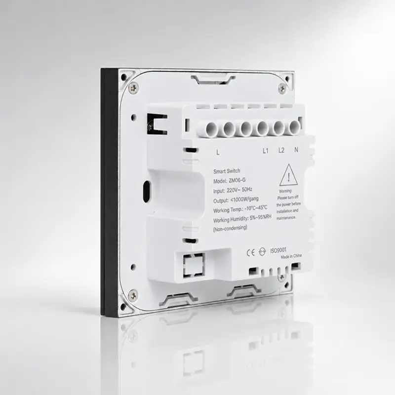 zigbee-plastic-smart-switch-panel-2-button-back-left-45-degrdee-view Back left 45-degree view of 2-button Zigbee smart switch with plastic panel