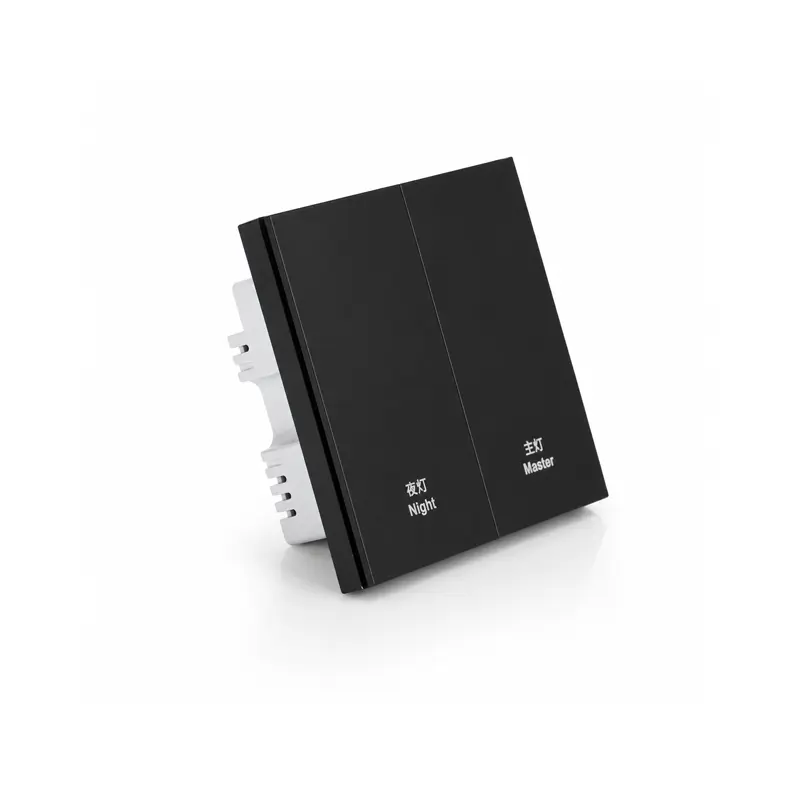 zigbee-plastic-smart-switch-panel-2-button-left-45-degree-view Left 45-degree view of 4-button plastic Zigbee smart switch panel