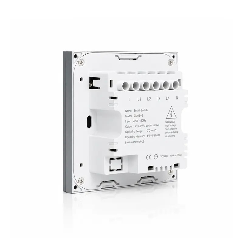 zigbee-plastic-smart-switch-panel-4-button-back-left-45-degrdee-view Back left 45-degree view of 4-button Zigbee smart switch with plastic panel