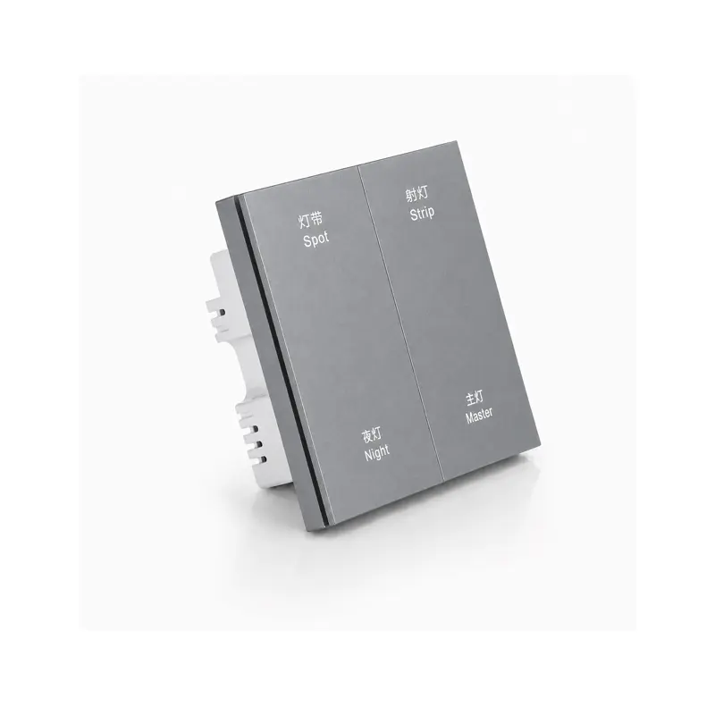 zigbee-plastic-smart-switch-panel-4-button-left-45-degree-view Left 45-degree view of 4-button plastic Zigbee smart switch panel
