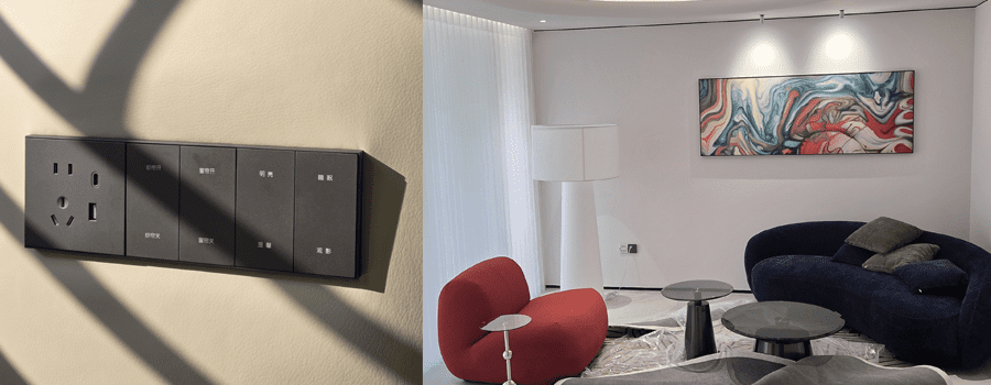 Modern villa real shot of grey plastic smart wall switch with curtain & multi-scene control buttons, built-in power socket with USB-C charger