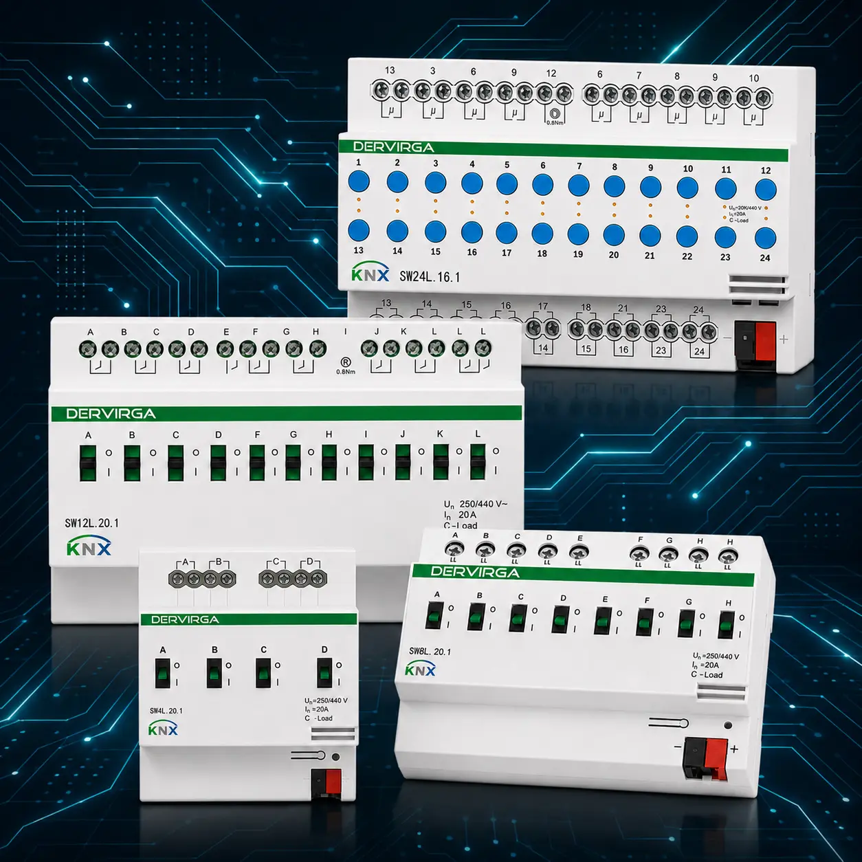 DERVIRGA KNX switch actuator range dark tech KNX Switch Actuators Choose from 4-, 8-, 12- and 24-channel KNX switch actuators for lighting, electrical loads and building automation projects. Actuators, Relays & DIN Rail Modules