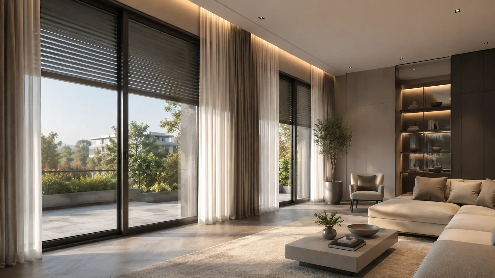 Power Supplies & Curtain Modules 6 KNX smart curtain control application in a modern villa living room