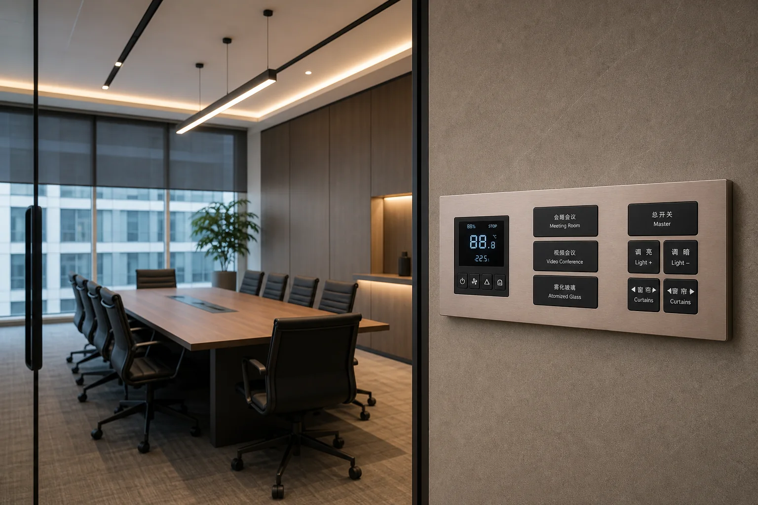 Commercial Building Automation Solutions 1 DERVIRGA meeting room control panel with thermostat, conference modes, lighting, glass and curtain controls