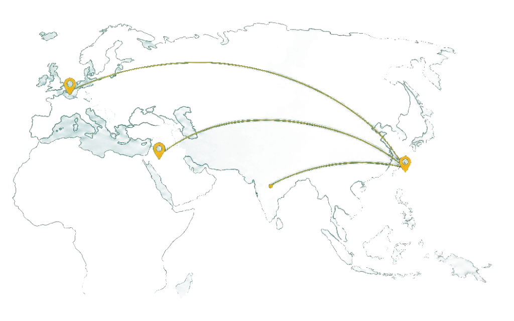 Contact Us 17 DERVIRGA project support map connecting Shenzhen with Europe and the Middle East