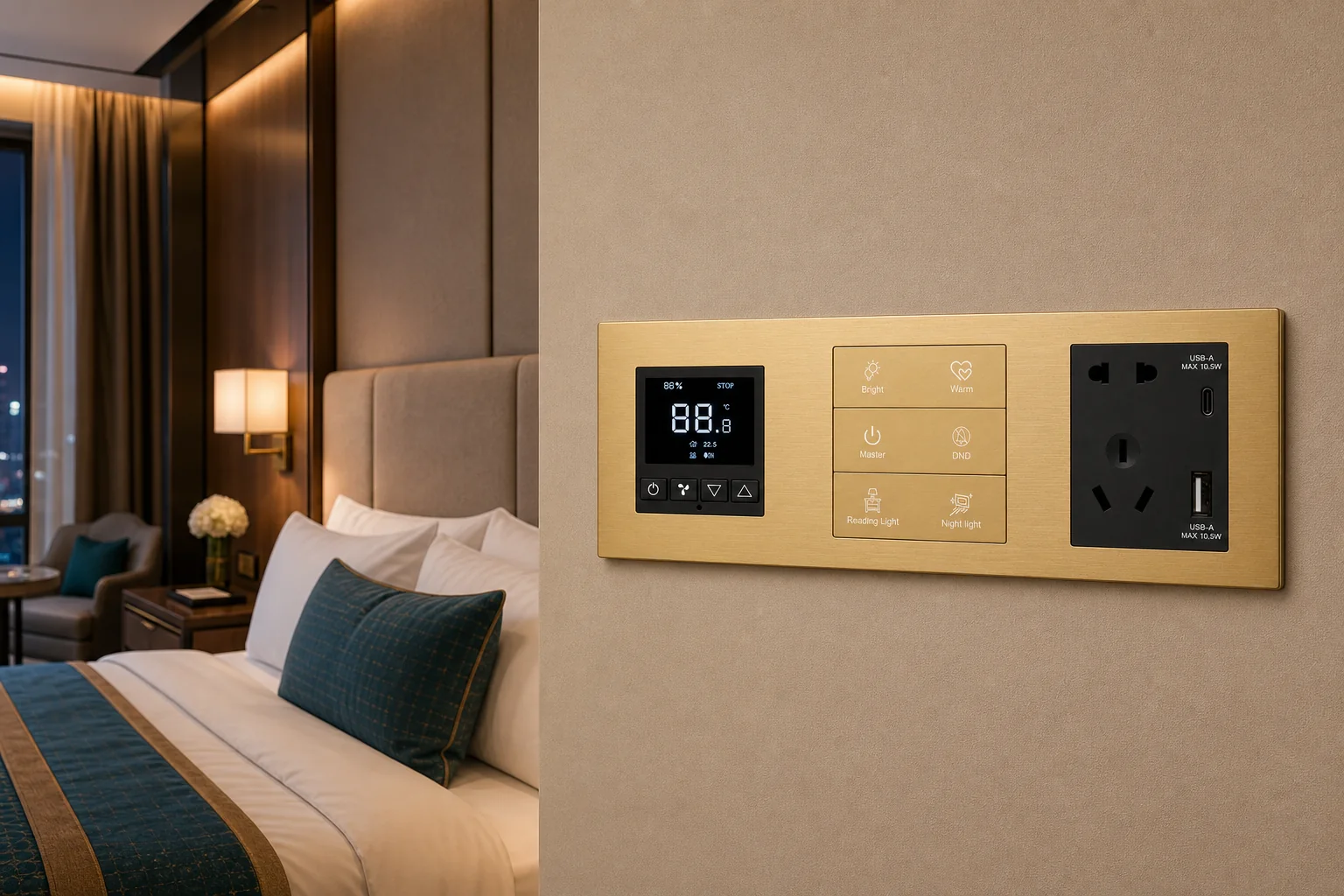 Hotel Room Automation Solutions 1 DERVIRGA KNX smart switch panel installed in a luxury hotel guest room