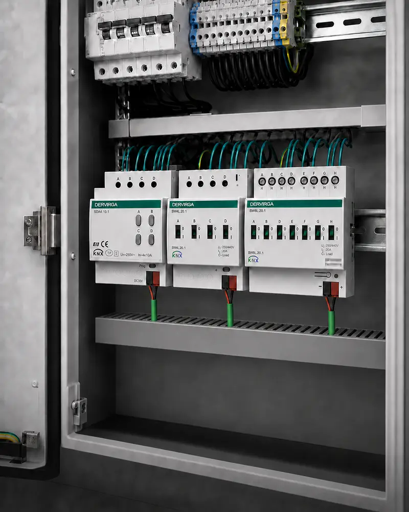 DERVIRGA KNX switch actuators installed on a DIN rail inside an electrical distribution cabinet