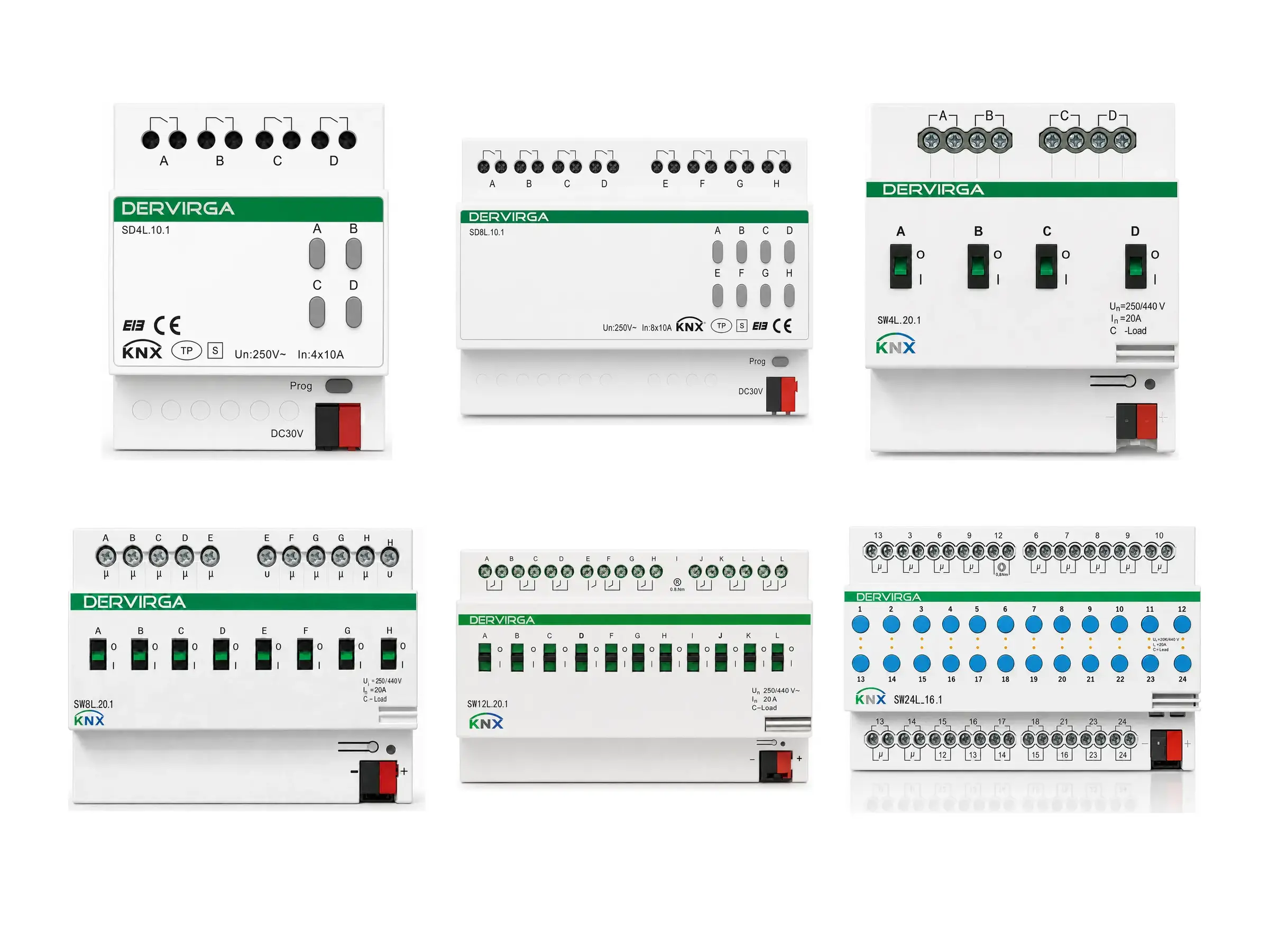 DERVIRGA 4-channel, 8-channel, 12-channel and 24-channel KNX switch actuator range