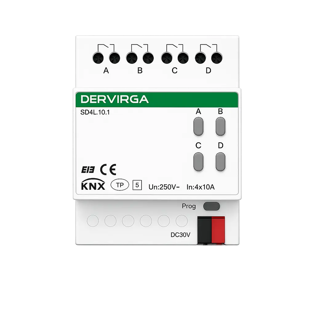 SD Series KNX Switch Actuators 3 dervirga sd4l 10 1 4 channel 10a knx switch actuator front v1 SD Series KNX Switch Actuators DERVIRGA SD Series KNX Switch Actuators provide reliable DIN rail switching control for residential, hotel and commercial building automation projects with flexible channel configurations and advanced KNX functions. KNX Switch Actuators
