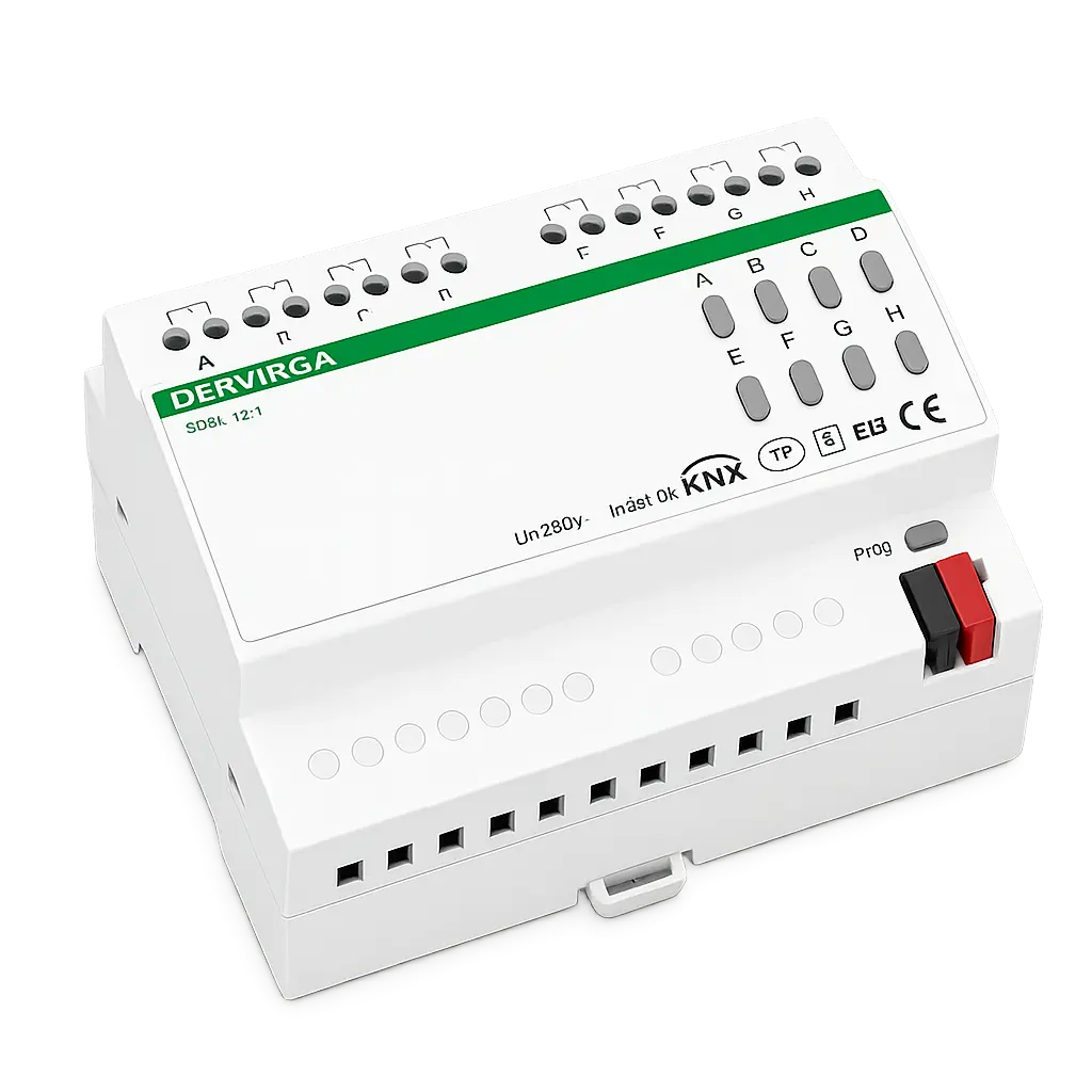 SD Series KNX Switch Actuators 1 DERVIRGA SD8L.10.1 eight-channel KNX switch actuator angled view
