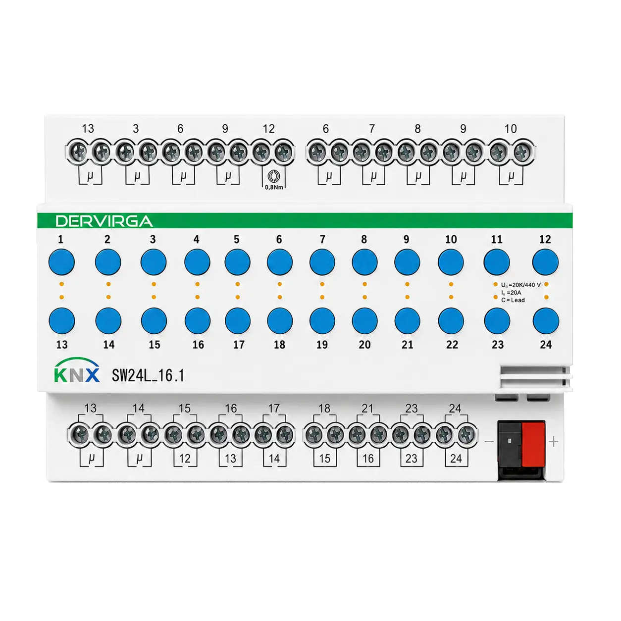 SW Series KNX Switch Actuators 5 DERVIRGA SW24L.16.1 24-channel 16A KNX switch actuator with blue push buttons and LED indicators