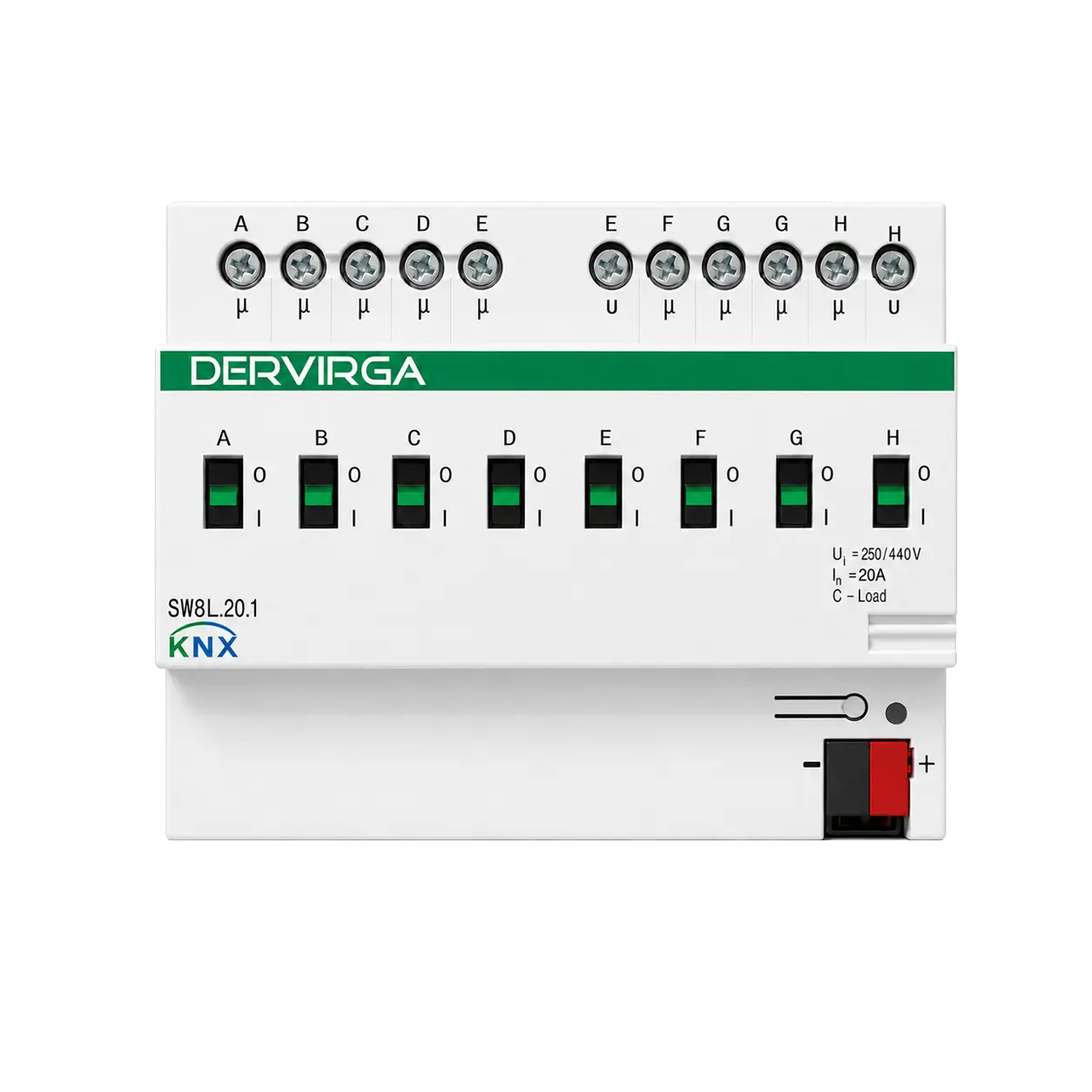 SW Series KNX Switch Actuators 3 DERVIRGA SW8L.20.1 8-channel 20A KNX switch actuator front view